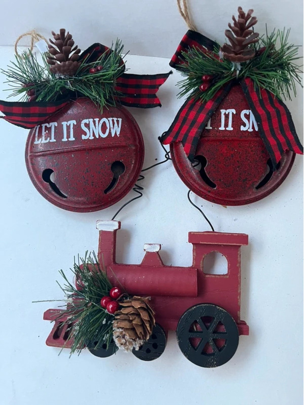 3 red rustic metal Christmas ornaments bells tractor